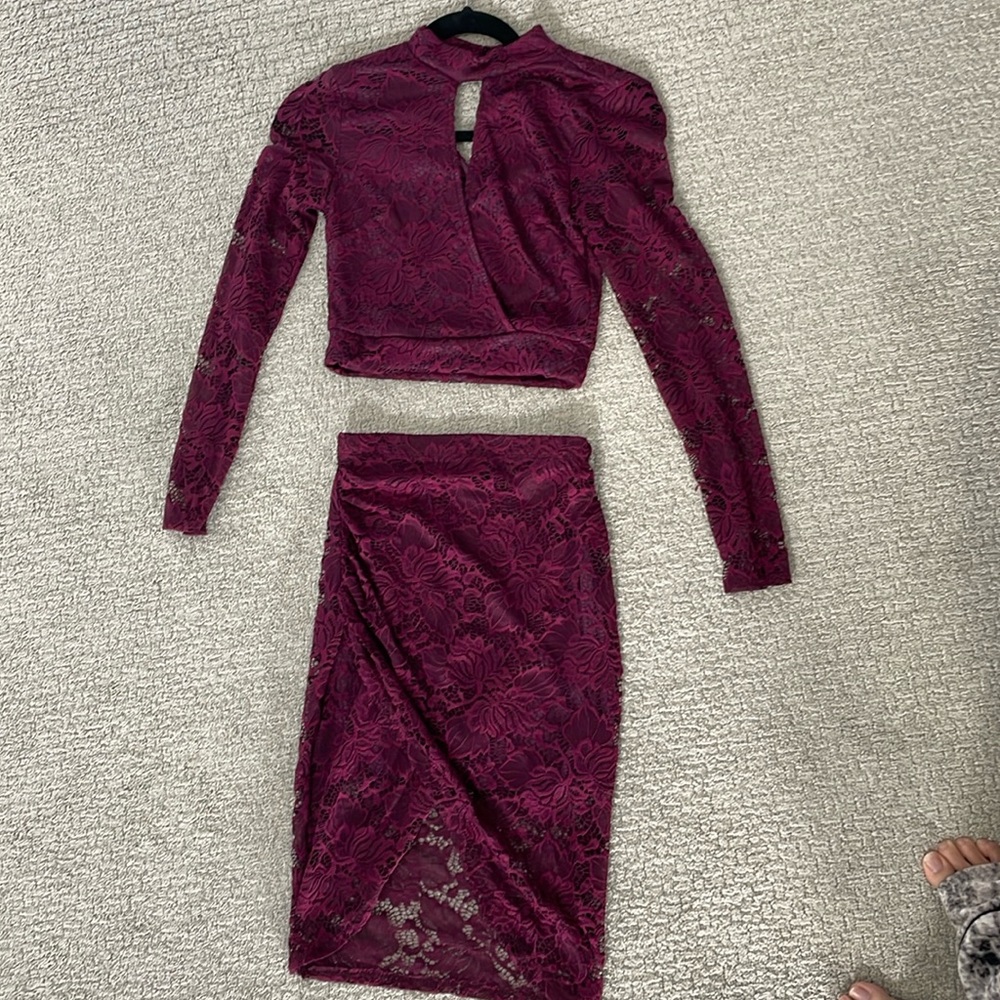 Magenta lace crop pencil slit skirt set XS